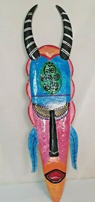 22'' Colorful Carved Hand Painted Wood Funky Whimsical Voo Doo African Mask