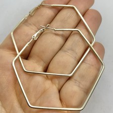 Vtg 1980s Silvertone Hexagon Hoop Statement Earrings Omega Large Metal Drop Big