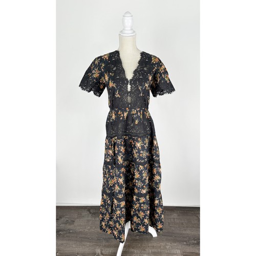 Heirloom Doen Graciella Midi Dress Foxglove Floral Womens Size Medium New Black - Picture 6 of 17