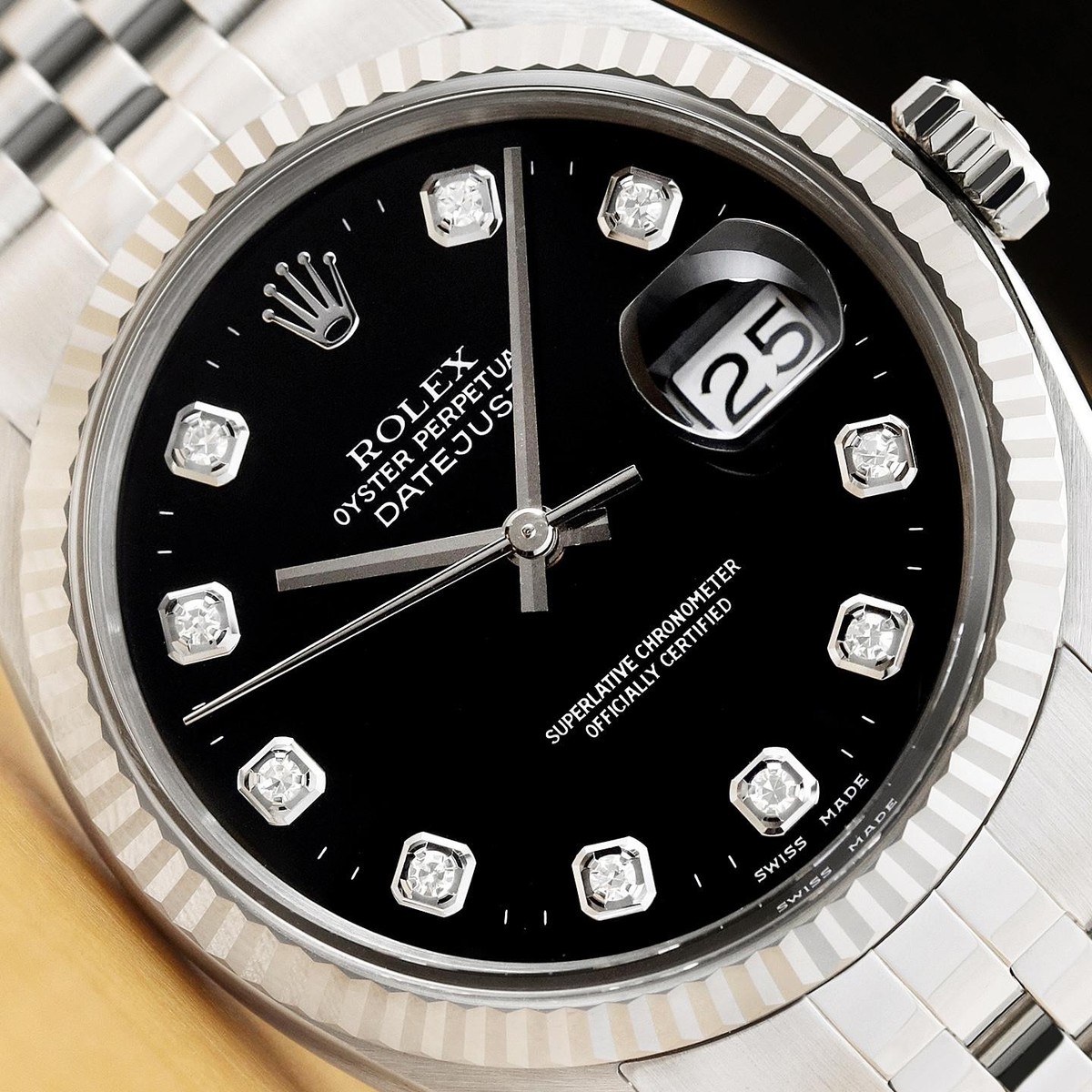 MENS ROLEX DATEJUST 16234 BLACK FACTORY DIAMOND 18K GOLD STEEL NO HOLES WATCH