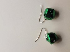 Tiny Jingle Bell Drop Dangle Earrings Green Christmas Holiday