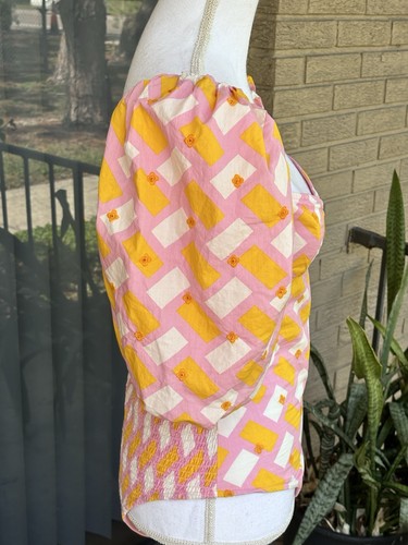 Zara Printed Poplin Puff Sleeve Bodysuit Pink Yellow Smocked Abstract  M - Picture 6 of 20