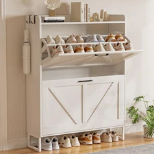 Shoe Cabinet for Entryway with 2 Flip Drawers Narrow Wooden Storage Metal Legs