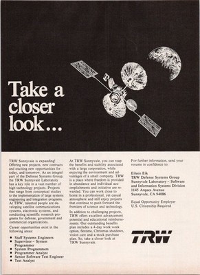 TRW Vintage 1983 Print Ad Satellite Communications Engineering Careers
