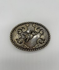 Nocona Vintage Belt Buckle Western Rodeo Cowboy Bull Riding Oval Silver Gold