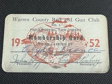VINTAGE 1952 NEW JERSEY “WARREN COUNTY ROD AND GUN CLUB” Membership Card