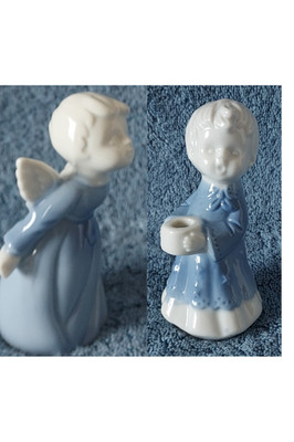 Kissing Angel 3.5'' & Boy Caroler Candle Holder 4'' Blue White Glazed Ceramic