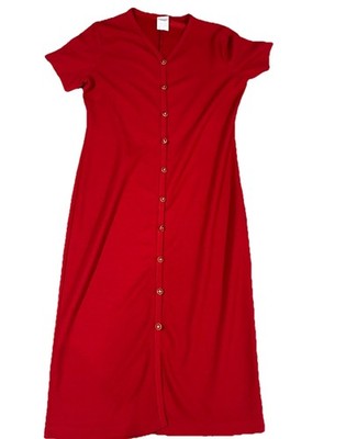 Vintage Red Midi Dress W/ Gold Accent Button Front Sz S Short Sleeve Links Retro