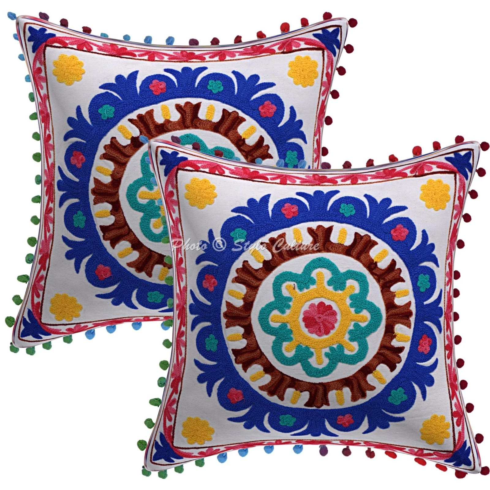 Decorative Suzani Embroidered Throw Pillow Covers Cotton Pom Pom Pillowcases