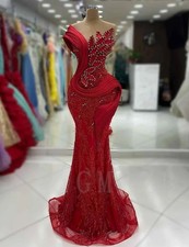 Luxury Red Mermaid Evening Dresses One Sleeves Beaded Leaf Applique Prom Gowns