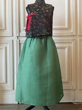Traditional Korean Hanbok with Patterned Black Vest and Green Skirt Size S/M