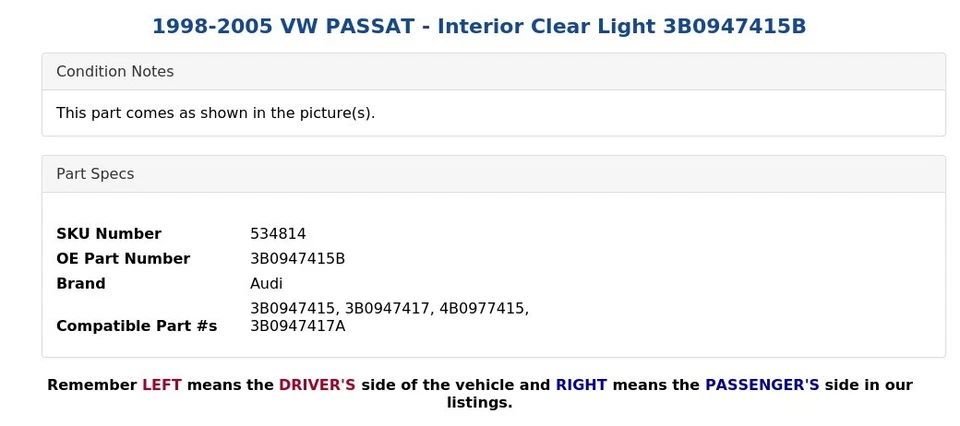VW PASSAT 1998-2005 - Luz interior transparente 3B0947415B Foto 4 de 4