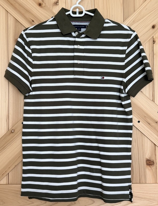 Tommy Hilfiger Striped Polo Shirt Slim Fit Olive Green & White Sz S Preowned