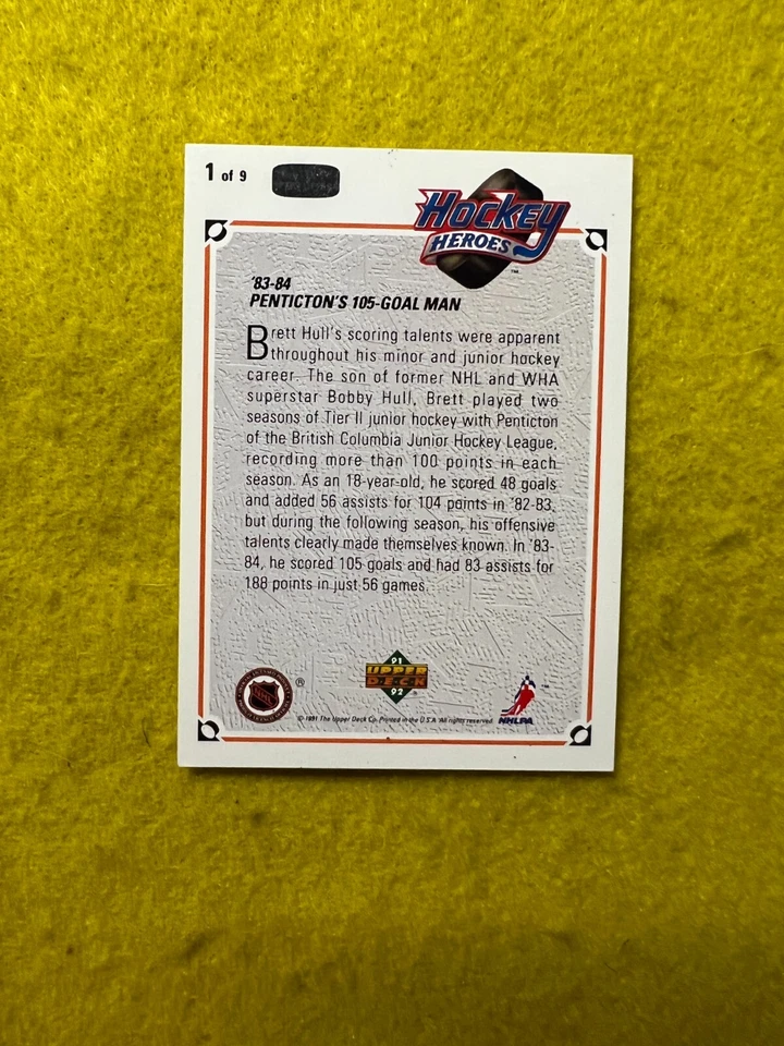 BRETT HULL HOCKEY HEROES 1991 UPPER DECK NHL HOCKEY INSERT CARD # 1 , MINT - Image 2 of 2