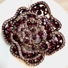 Brooch Pin or Pendant Open Pave Rose Flower Pink & Purple Rhinestone Vintage