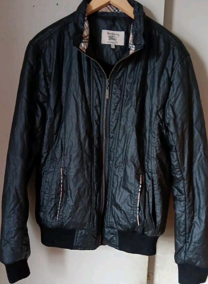 Vintage BURBERRY BLACK Lined Slick Bomber Jacket Mens 2XL XXL MADE IN