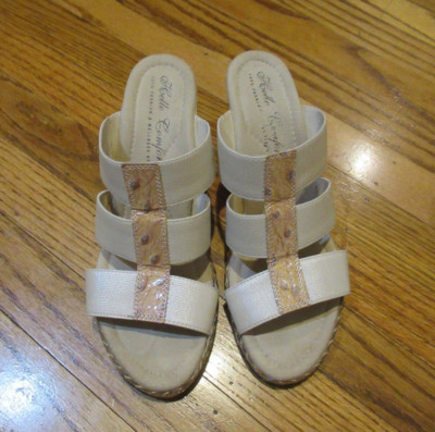 Helle Comfort Open Back/ Toe Wedge Sandals/Beige Stretch Fabric/ Patent/7.5 M