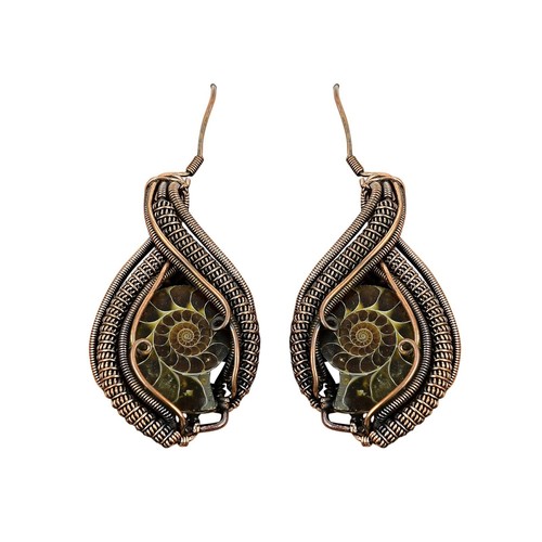 Copper Pear Ammonite Fossil Gemstone Ethnic Wire Wrapped Dangle Earrings Jewelry - Picture 8 of 13