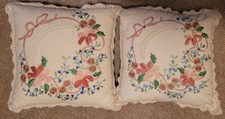 Set of 2 Embroidered Square Throw Pillows Decorative Multicolor Flowers Lace vtg