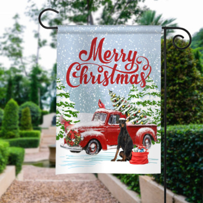 Doberman Pinscher Dog Merry Christmas Flag, Dobermann Dog Xmas Red Truck Flag