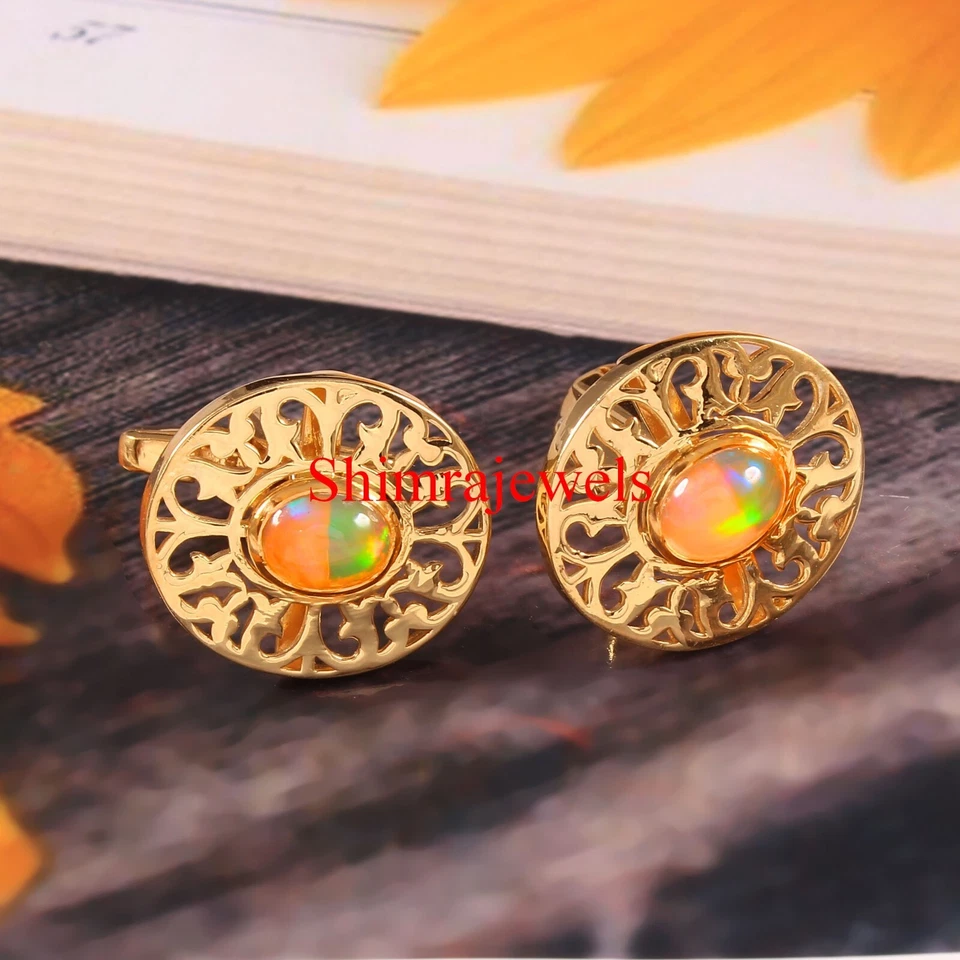 Piedra preciosa de ópalo de fuego natural con gemelos de plata chapados en oro de 18 quilates #906 Foto 2 de 4