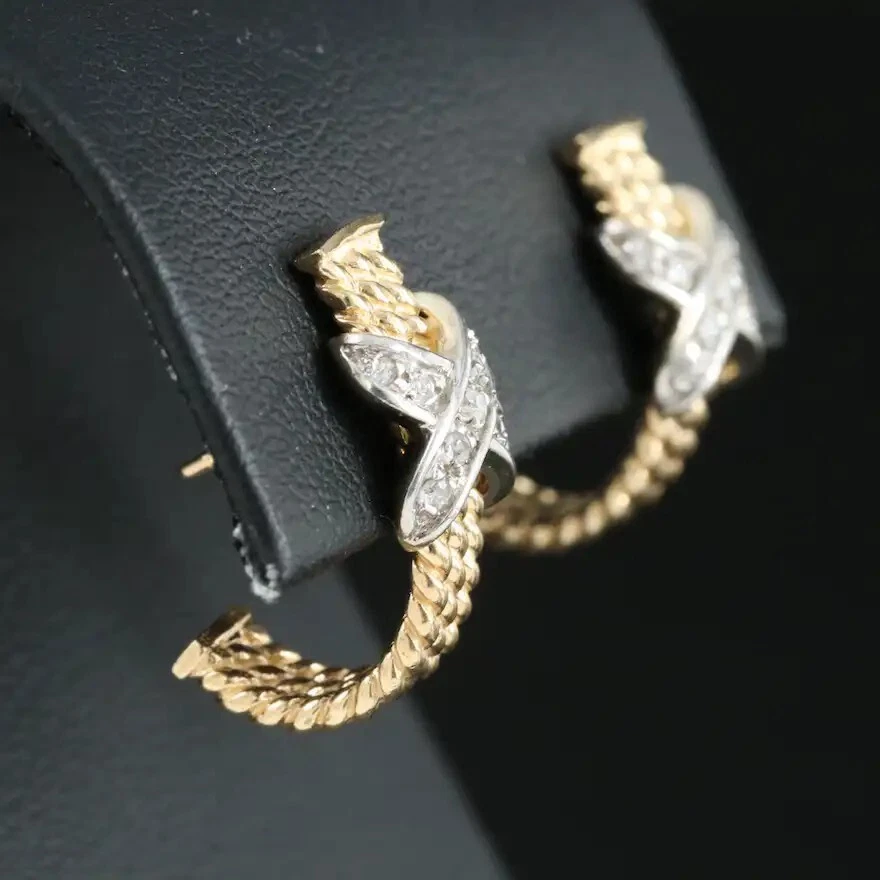 14K 0.18 CTW Natural Diamond Earrings - Bi-Colored Gold Hoops - Gorgeous! - Image 3 of 4