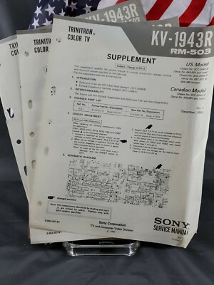 Original Sony Service Manual Trinitron Color TV KV-1943R RM-503 Supplements ONLY