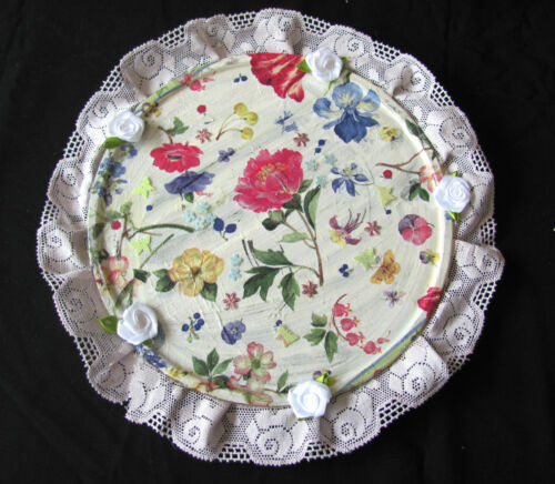 HANDMADE ROMANTIC DECORATIVE GLASS PLATE ACRYL MULTI COLORS LACE+FABRIC FLOWERS - Picture 1 of 1