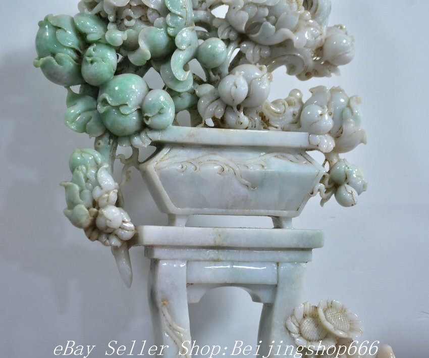 22" Chinese ice Emerald Jade Jadeite Carved Flower Potted plant Statue