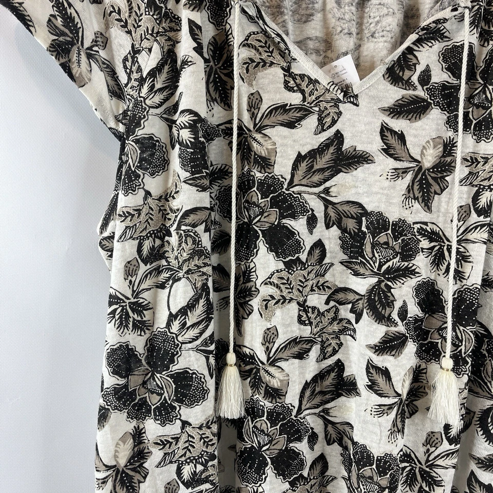 Blusa Old Navy Mujer Lino Talla 1X Marfil Negro Top Floral Cuello en V Manga Gorra Foto 3 de 4