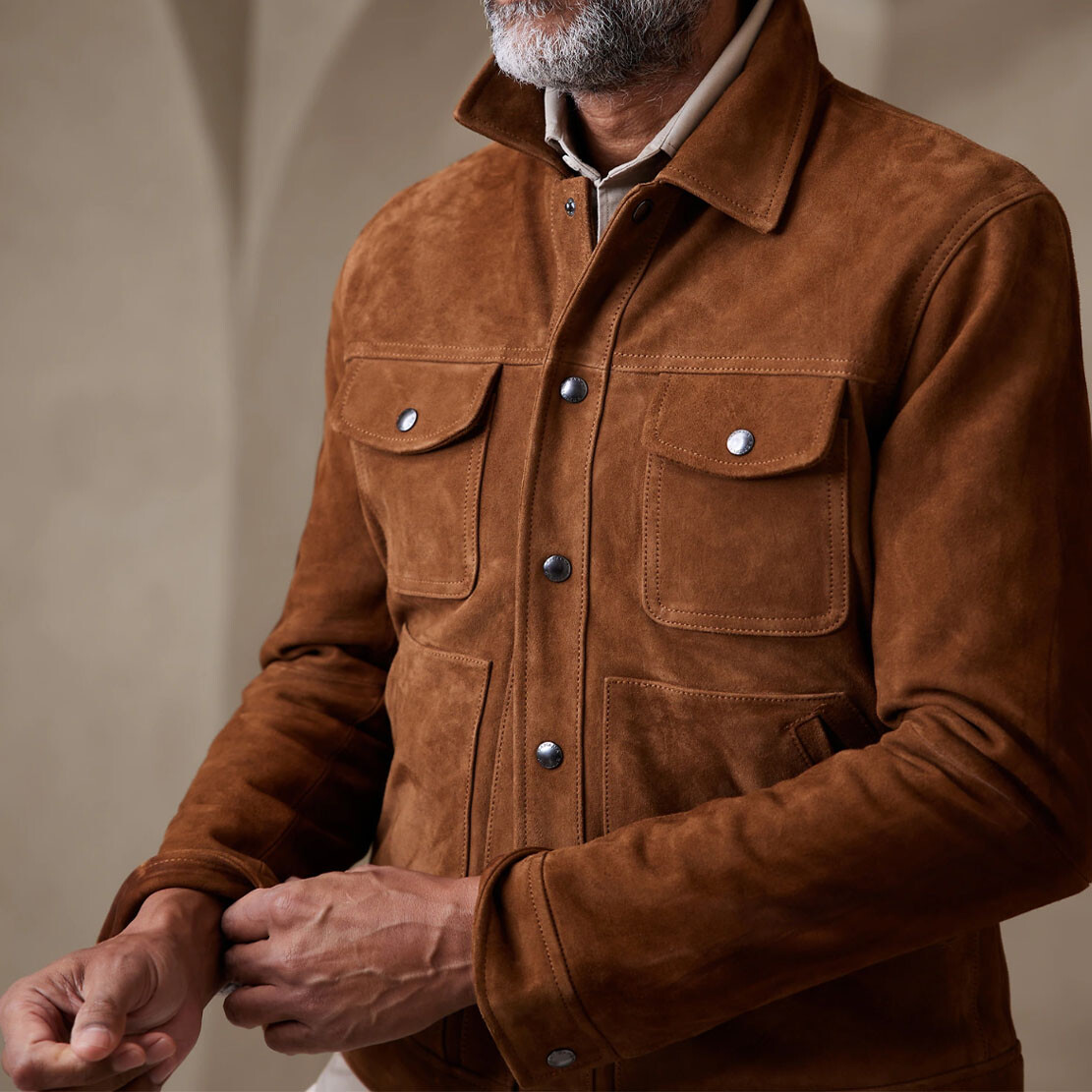men suede leather shirt jacket dark tan color stylish soft suede