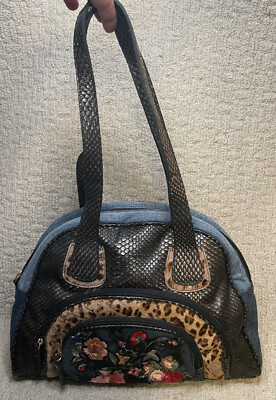Clever Carriage Denim Leopard Embroidered Handbag Satchel Shoulder Floral