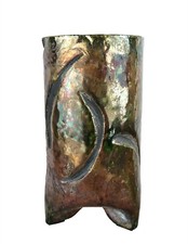 Dot Turman Raku Studio Art Pottery 3 Footed Pinch Vase Iridescent Bronze 8.5"