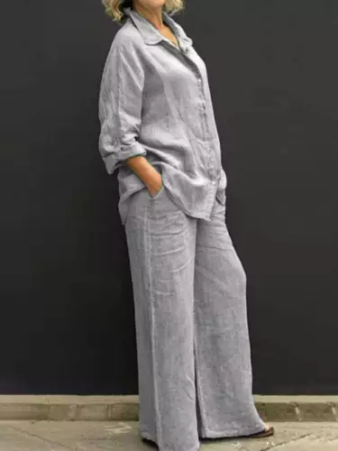 Damen Baumwolle Leinen Anzug Hemd Lockere Hose Set Langarm Freizeit Sets Sommer - Bild 28 von 32