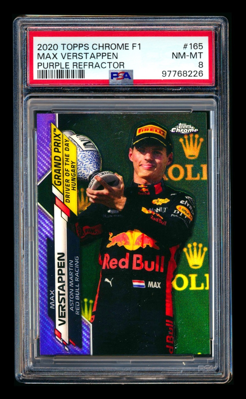 2020 TOPPS CHROME F1 #165 MAX VERSTAPPEN RC PURPLE REFRACTOR ROLEX #/399 PSA 8!