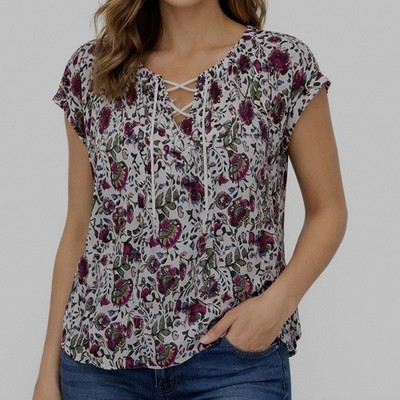 Chaps Floral Blouse Womens Small Lace Up Tie Neck Cap Sleeve Boho Viscose