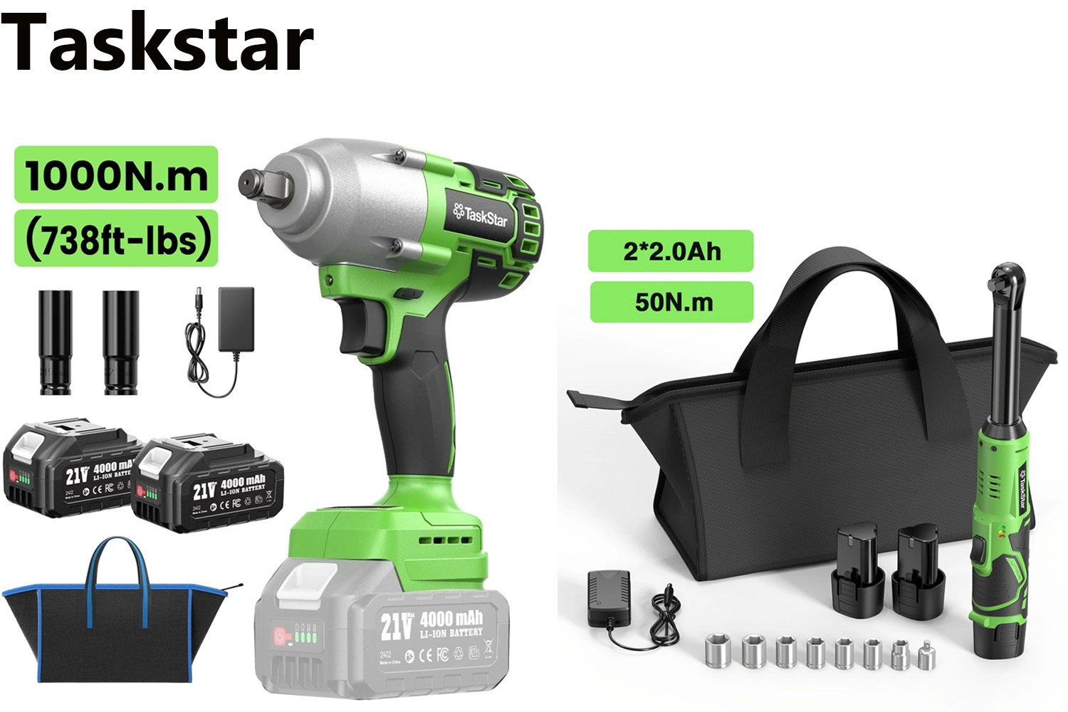 TaskStar 1000Nm Cordless Impact Wrench 1/2" Brushless 3/8 50Nm Ratchet Combo Kit