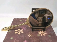 Vtg Ornate Floral Handheld Vanity Mirror Lux Gold Tone 14  Beveled Glass READ