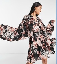 ASOS Design Satin Stripe Blouson Mini Dress Ring Detail Floral Size US 0 Women's