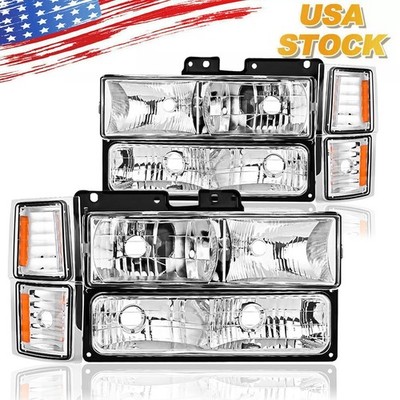 For 1994-99 Chevy C/K Tahoe Suburban Chrome Headlights Amber Corner Bumper Lamps