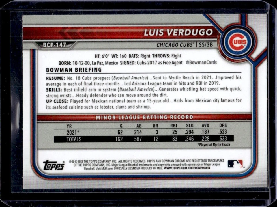 2022 Bowman Mega Box Luis Verdugo Mojo Refractor #BCP-147 Cubs - Image 2 of 2
