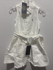 NWT, Girls Polo Ralph Lauren White Oxford Belted Dress. Size 2. European 92 b16