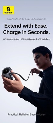 Baseus 60W Car Charger 45W Retractable Cable Fast Charging 3 Ports 180° Rotating