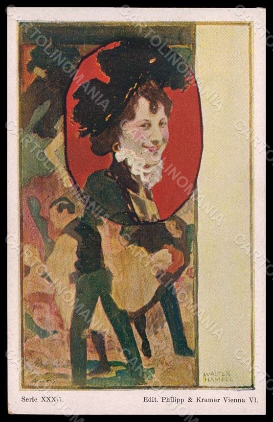 Artista firmato Hampel W. Lady Art Nouveau Philipp & Kramer XXX-7 pezzi VK7835
