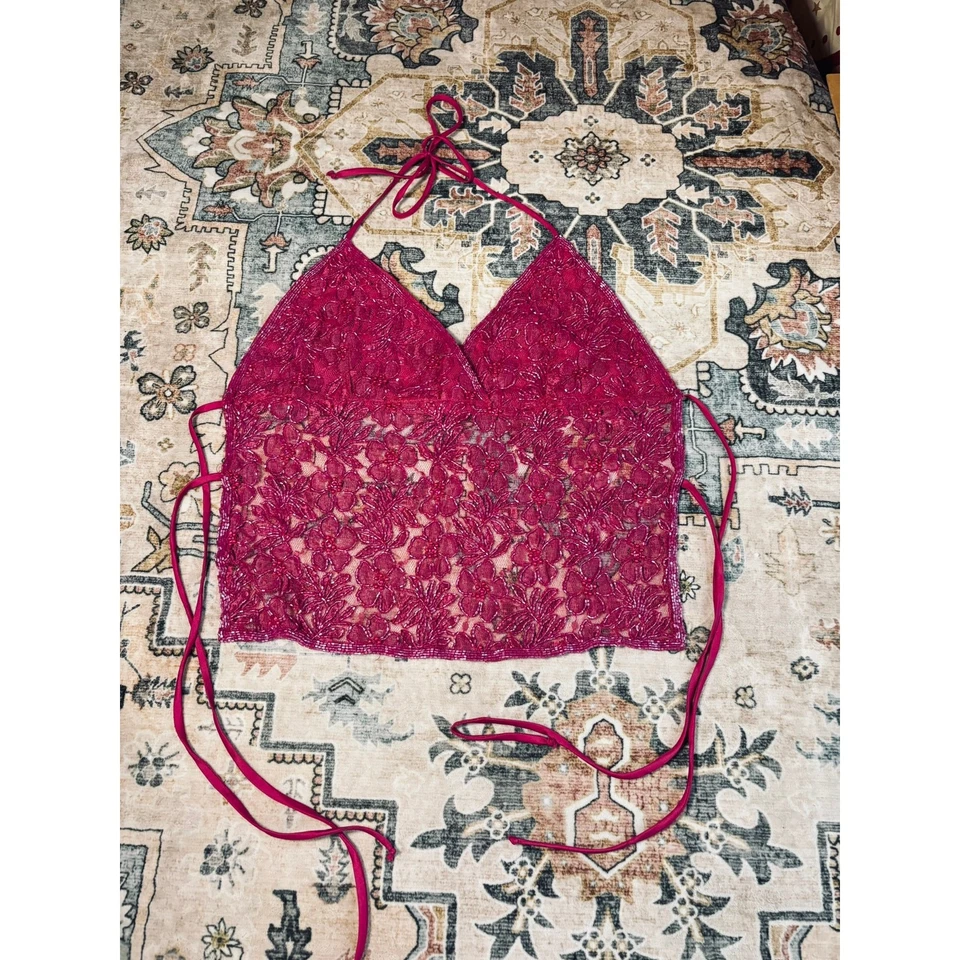 Regata vintage com miçangas à mão y2k abertura traseira amarração rosa floral média - Imagem 3 de 4