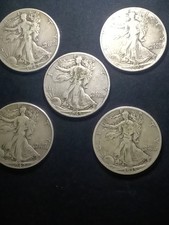 Lot 5 Liberty Walking Half Dollar 50C Silver .900 Lot of 5 1935-1945 P Business