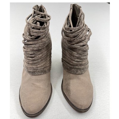 Fergalicious by Fergie Wicket Block Heel Ankle Bootie Women 7 Taupe Fringe Boho