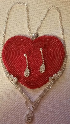 Betsey Johnson Layered V Shape Drop  Rhinestone Necklace And Pierced Earring Set