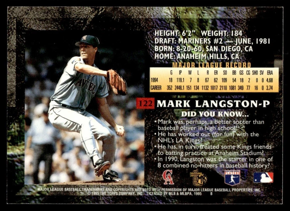 1995 Topps Embossed Mark Langston California Angels #122 - Image 2 of 2