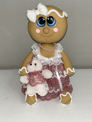 GINGERBREAD Large Clay Handmade GINGIE In Lace With Doll Fake Bake Faux Food